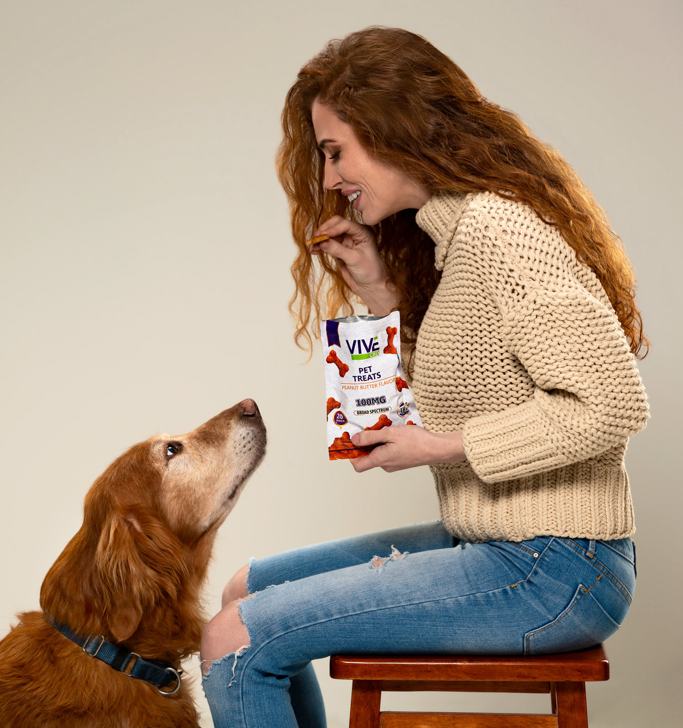 professional headshot advertising photo of a model with dog